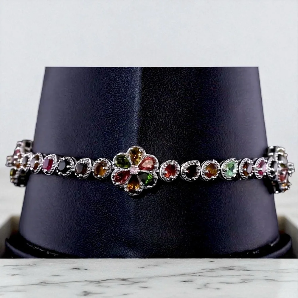 Multi-Tourmaline 8.6ctw Floral Sterling Silver Bracelet